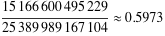 (15166600495229)/(25389989167104) approx 0.5973